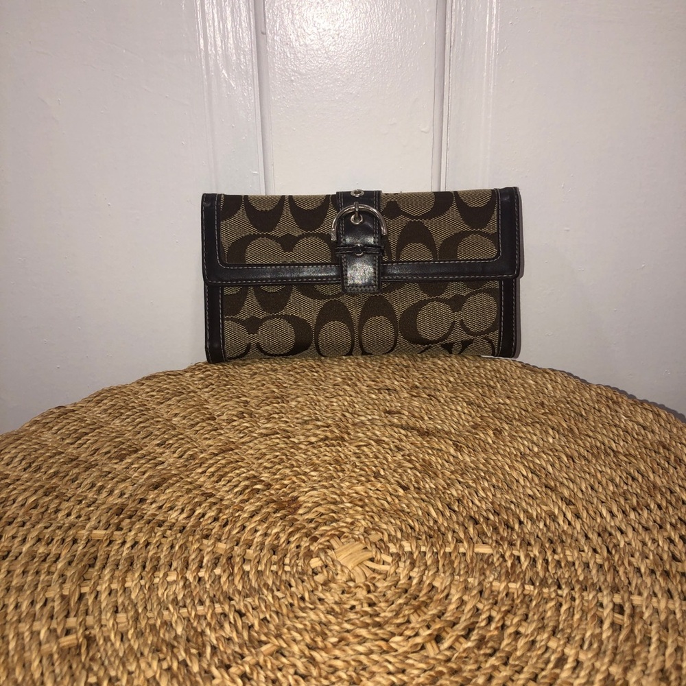 Coach Brown and Tan Signature Canvas Wallet with Buckle Trim